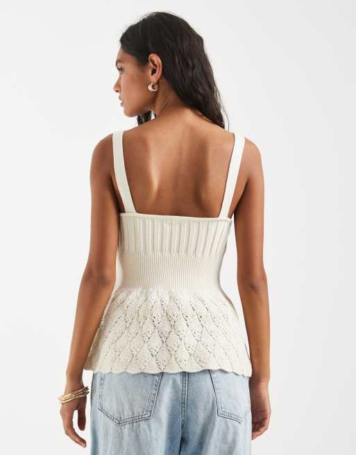 Object knitted peplum hem cami top with pointelle detail in cream, 4 of 4