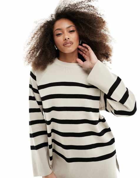 Object knitted round neck sweater in cream mono stripe - view 1
