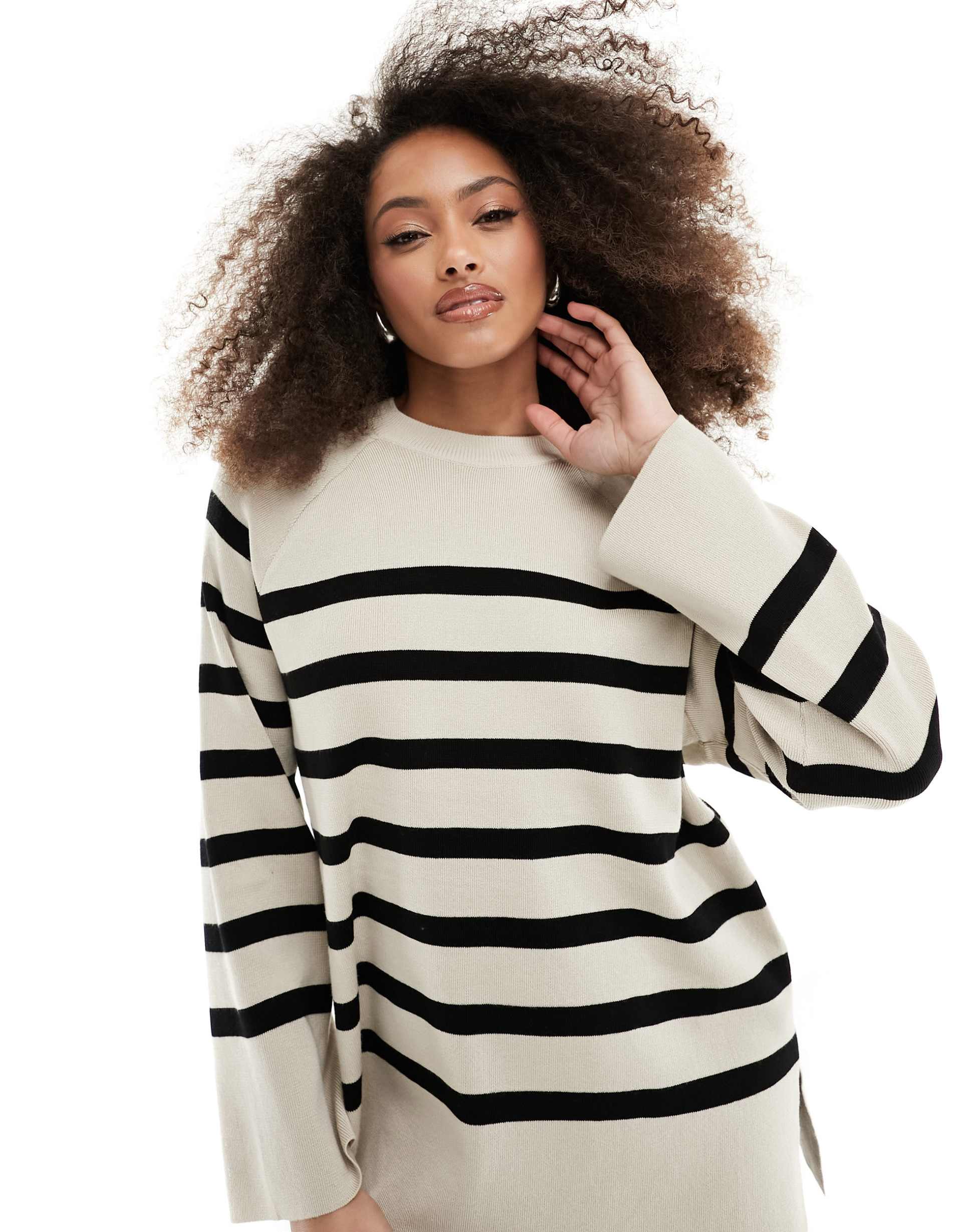 object knitted round neck sweater in cream mono stripe