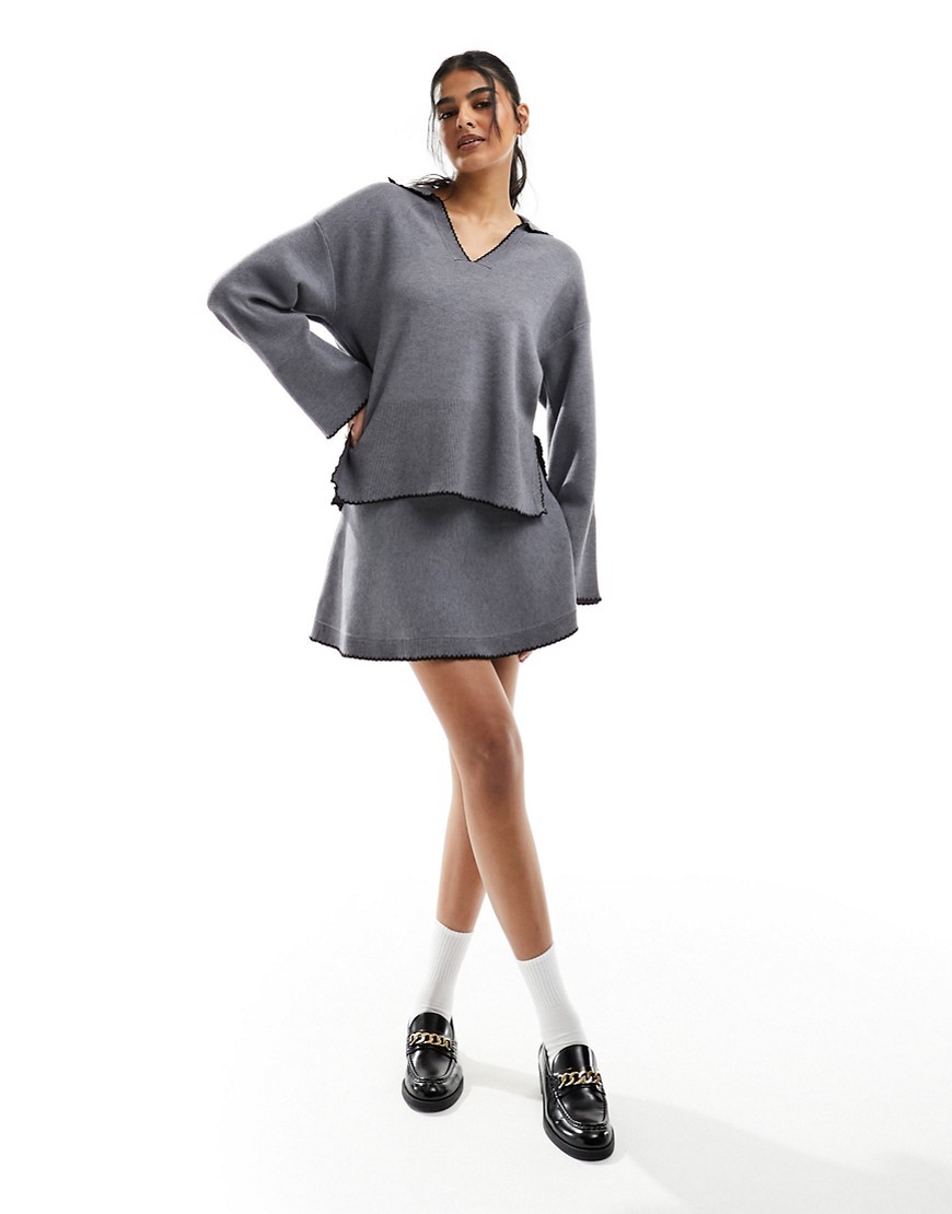 Object knitted skater skirt co-ord with contrast trim in grey
