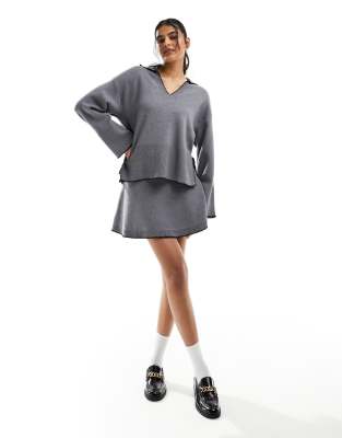 Object knitted skater skirt with contrast trim in grey (part of a set) 