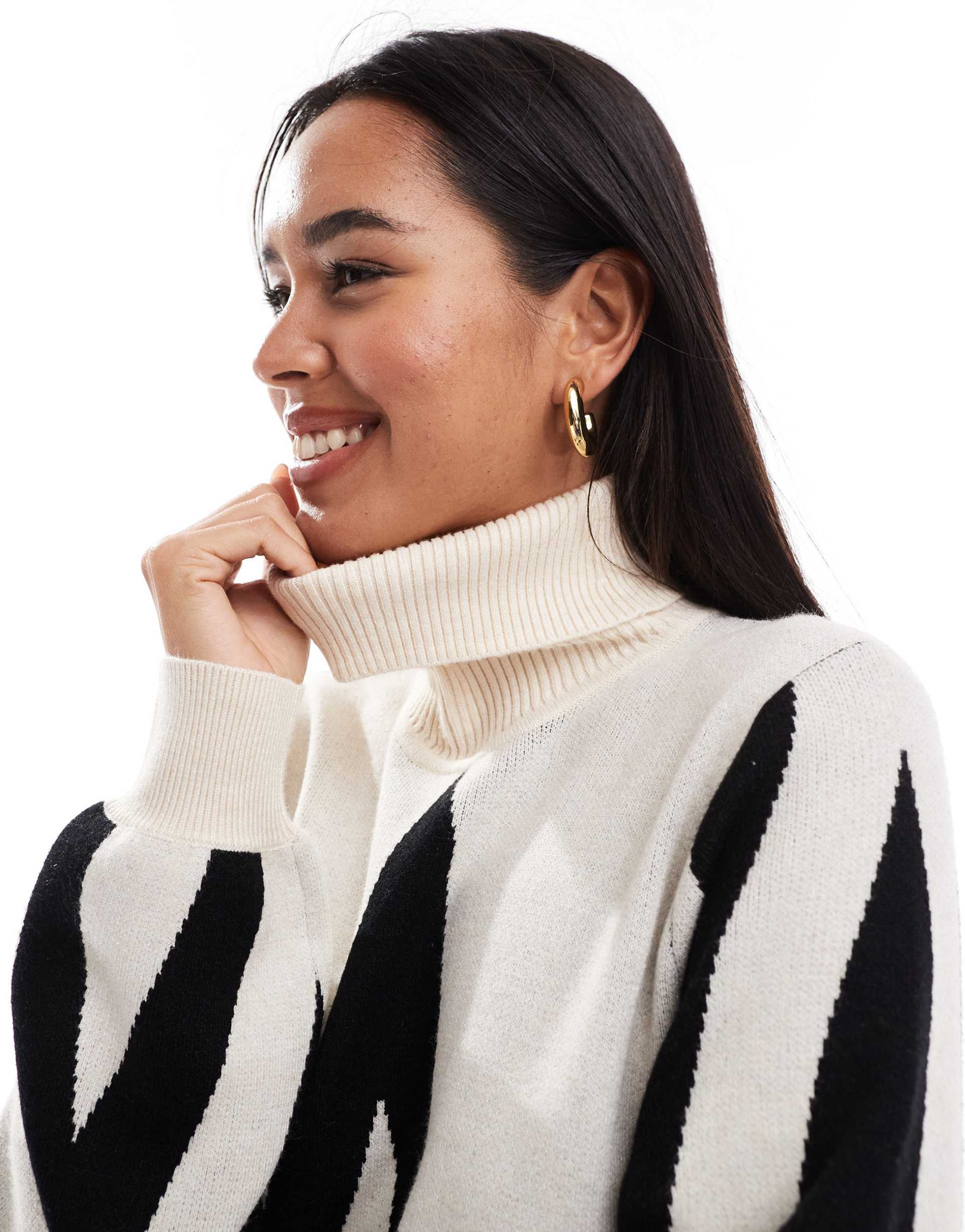 object knitted sweater dress with high neck in cream mono print