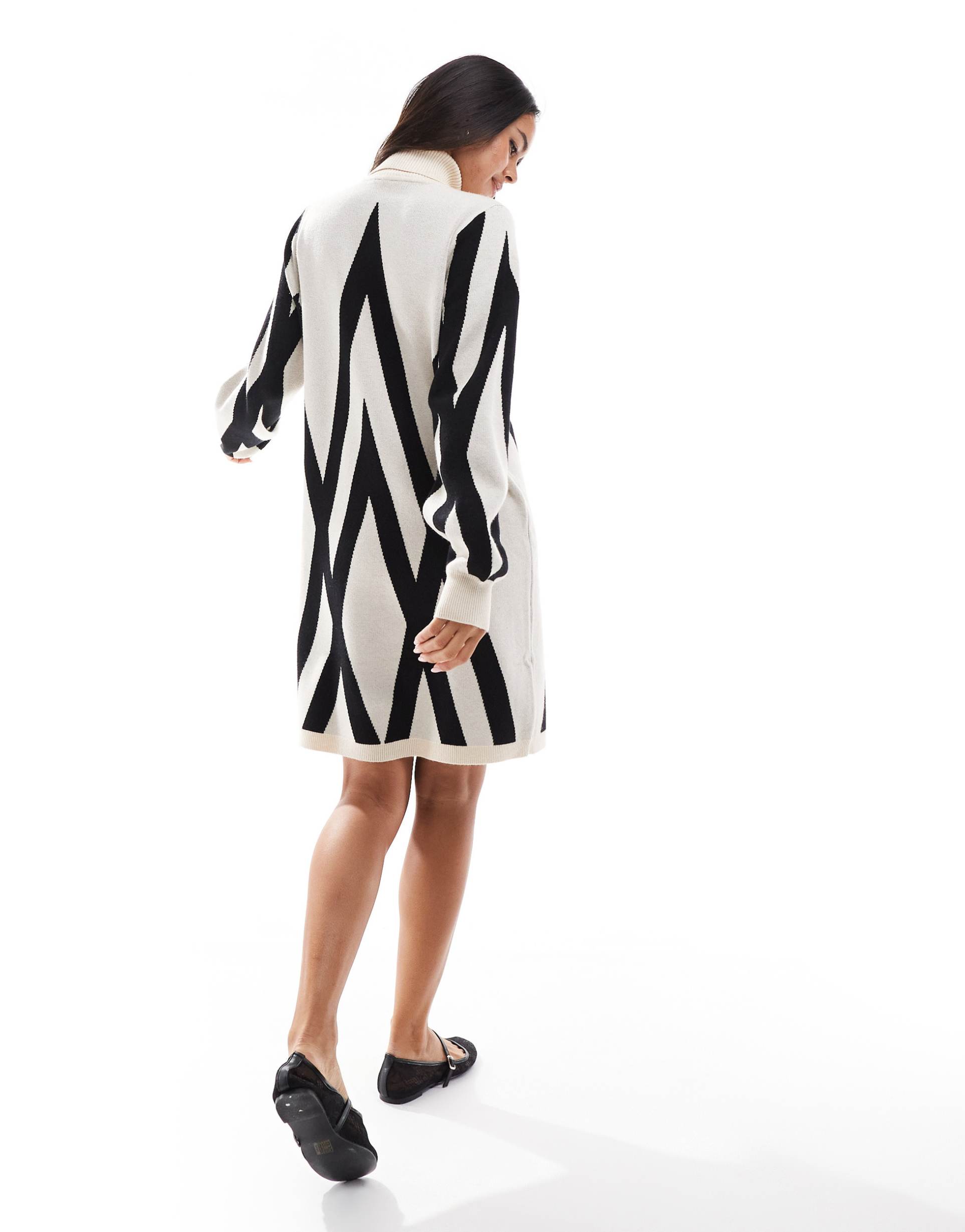 object knitted sweater dress with high neck in cream mono print