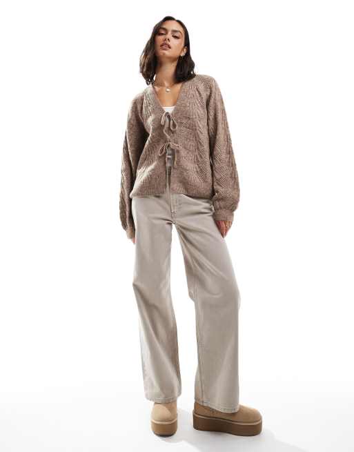 Object knitted tie front cardigan in desert taupe, 2 of 4