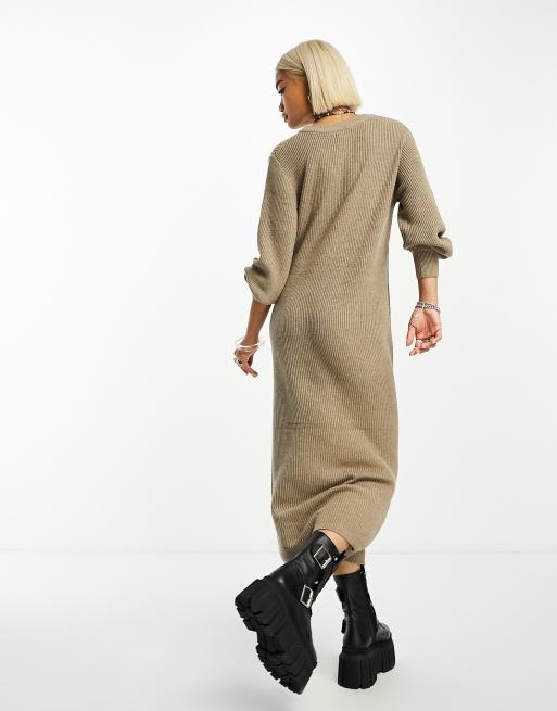 Object knitted v neck midi jumper dress with balloon sleeves in beige melange ASOS