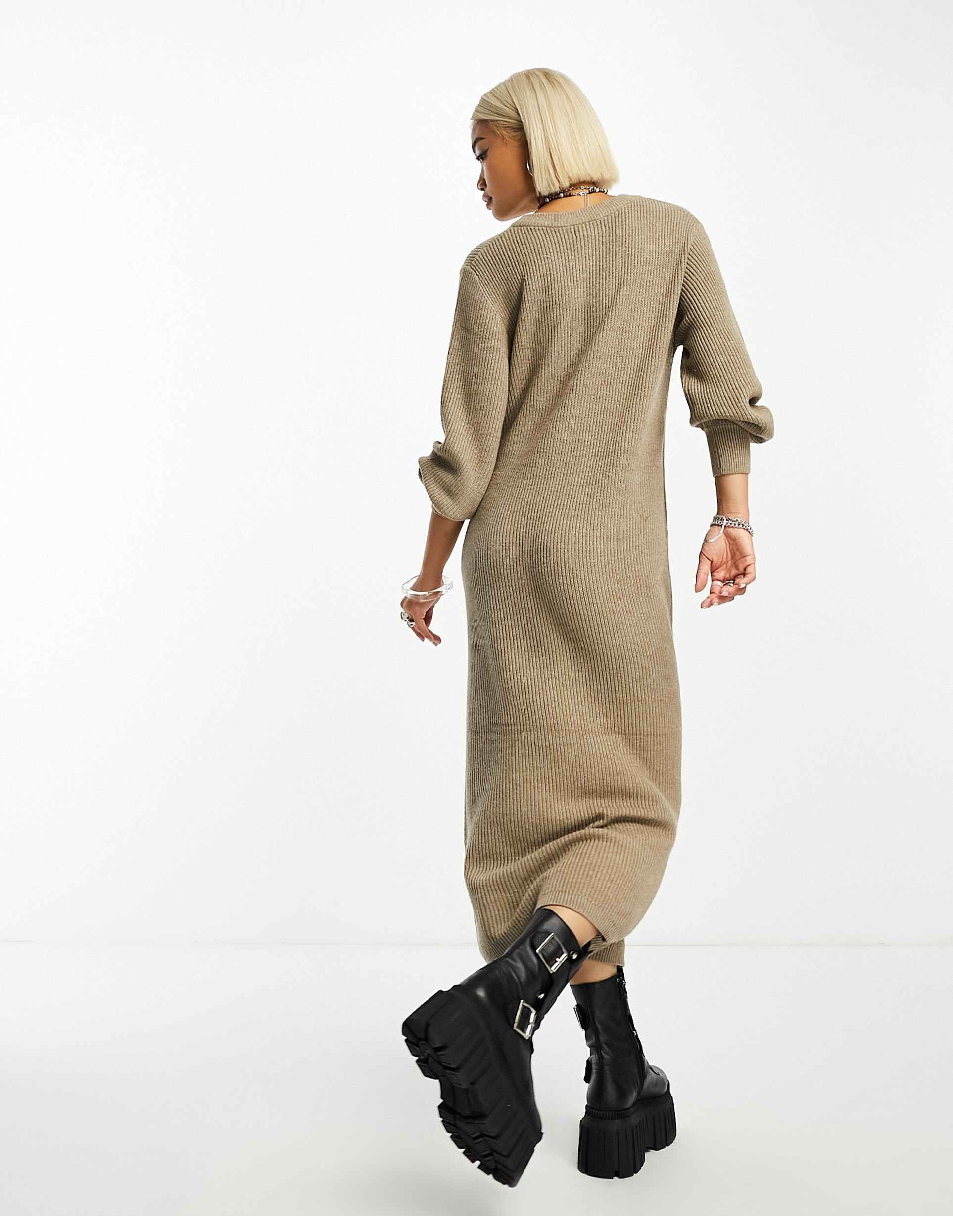 object knitted v neck midi sweater dress with balloon sleeves in beige melange