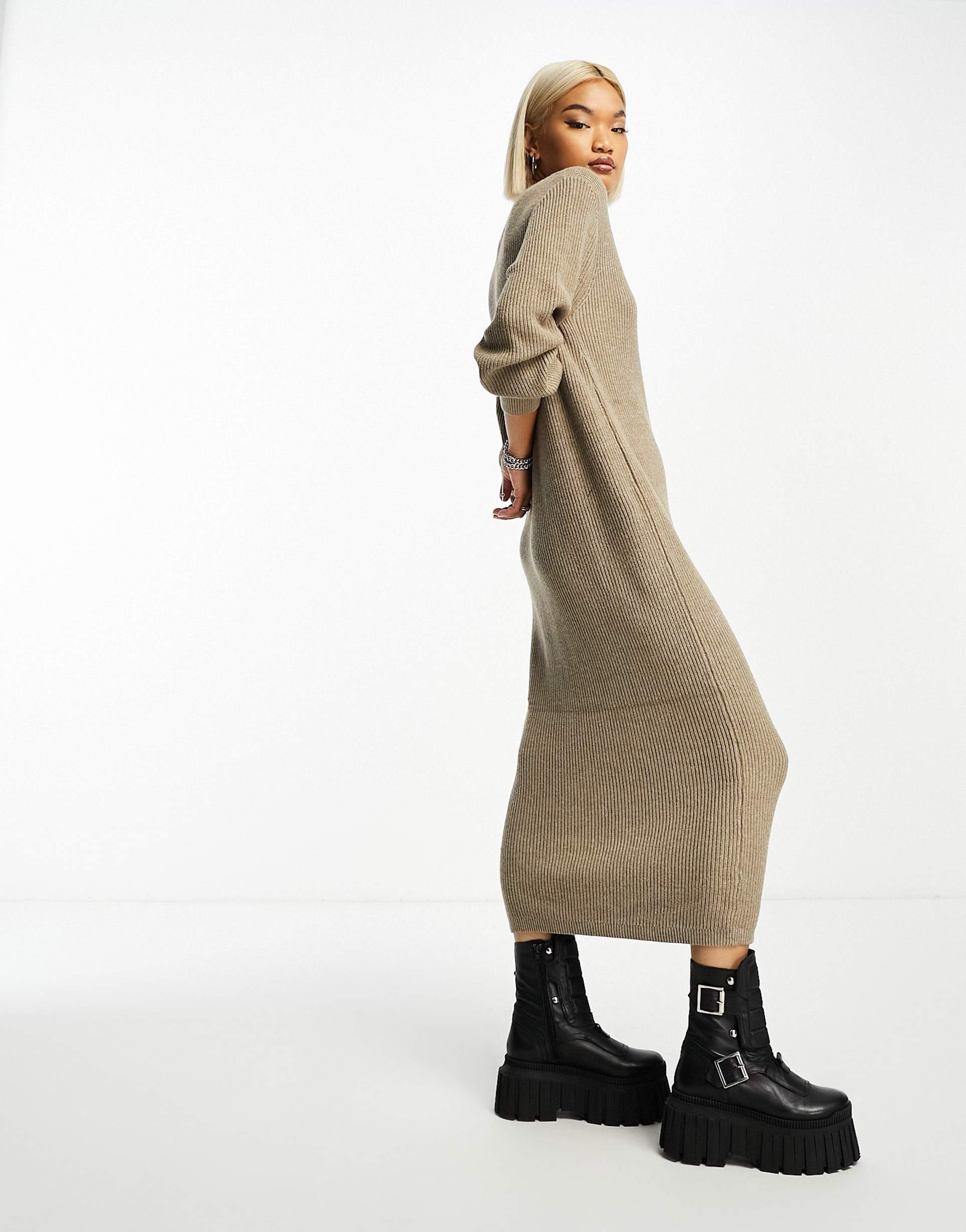 object knitted v neck midi sweater dress with balloon sleeves in beige melange