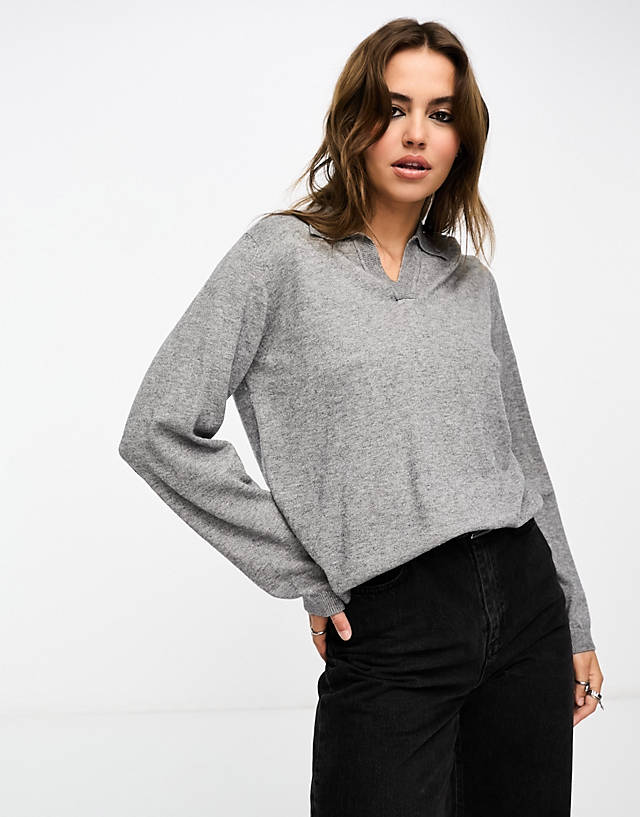 Object - knitted v neck polo jumper in grey