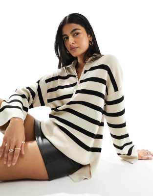 Object Object knitted zip neck jumper in cream mono stripe-Multi