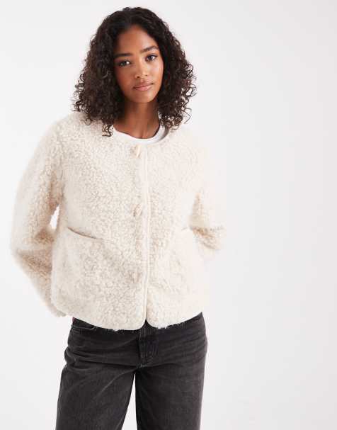 Object premium fluffy borg duffle style cropped jacket in cream