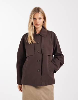Object - Kurzer, hochwertiger Trenchcoat in Schokobraun mit Bubikragen-Brown