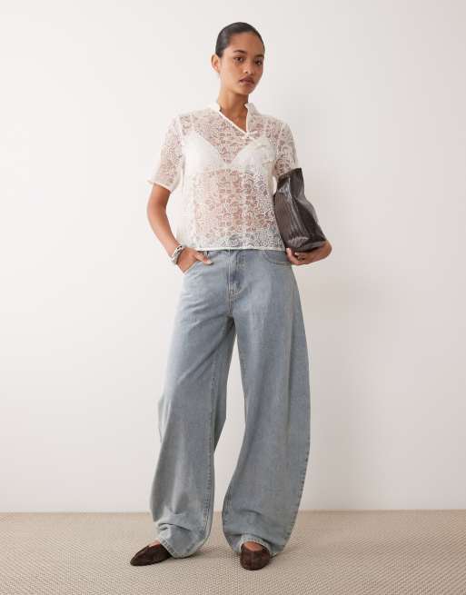 Object lace asymmetric mandarin collar peg top in cream, 2 of 4