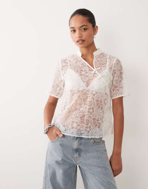 Object lace asymmetric mandarin collar peg top in cream, 3 of 4