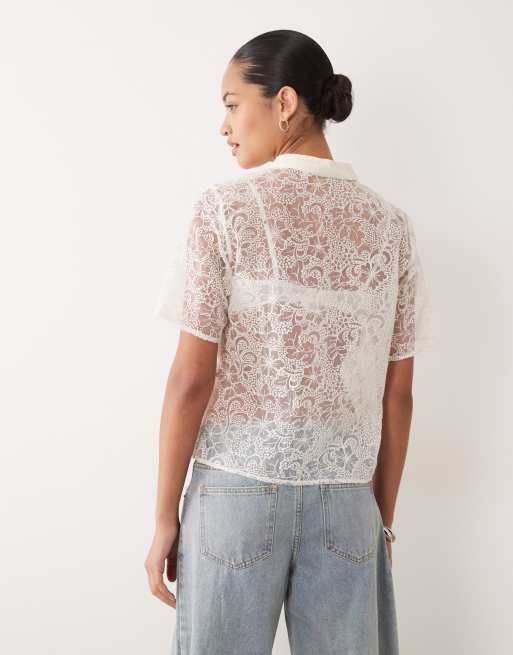 Object lace asymmetric mandarin collar peg top in cream, 4 of 4