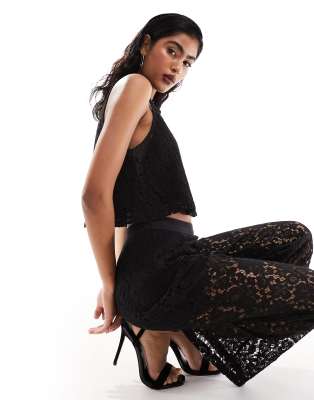 Black Wide Leg Trousers  Black lace top outfit, Lace top outfits, Lace  crop top outfit