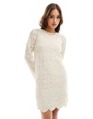 Object lace mini dress with scalloped hem in cream-White