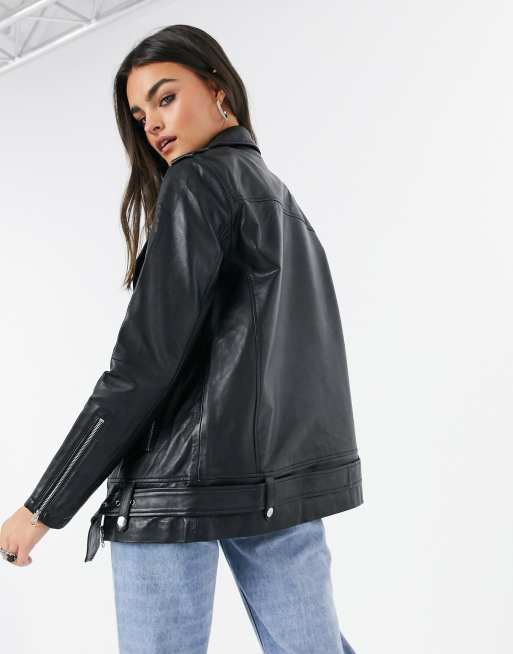 Object Lang Geschnittene Lederjacke In Schwarz Asos