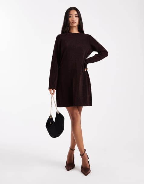 Object – Langärmliges Glitzer-Minikleid in warmem Braun - view 1