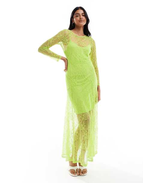 Object – Langärmliges, transparentes Maxikleid in Limettengrün mit Spitze - view 1