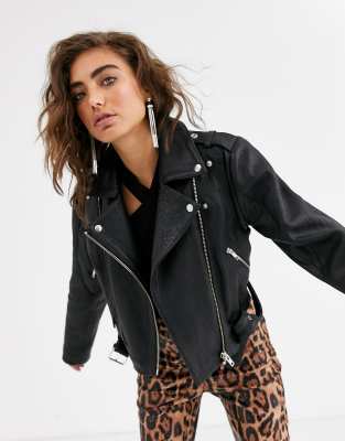 Faux Leather Biker Jacket In Leopard Print