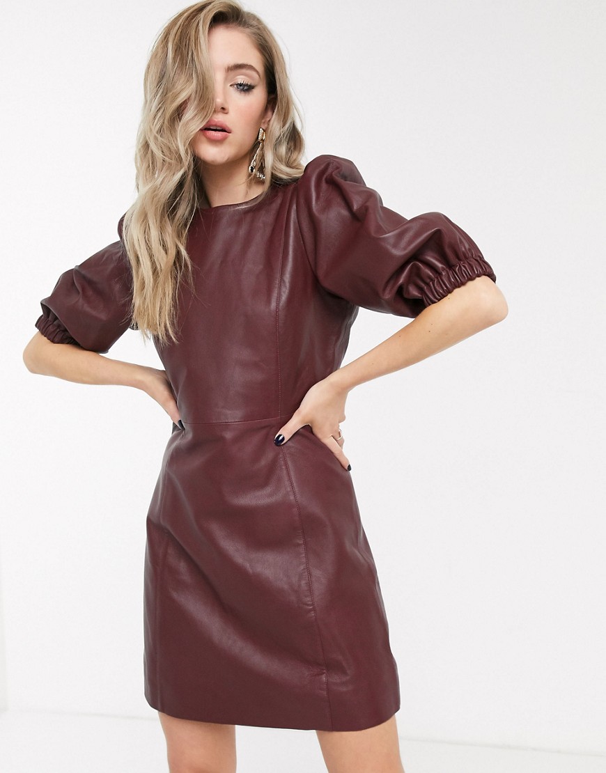 Object leather dress with puff sleeve in burgundy-Red