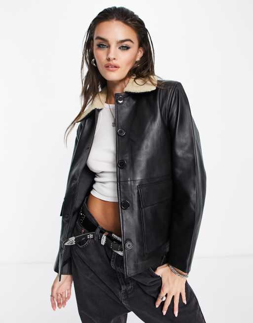 Object leather jacket with borg collar in black | ASOS