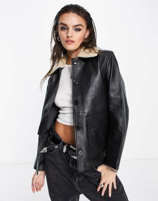 leather jacket with borg fleece collar in black