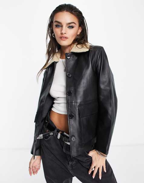 Object leather jacket with borg fleece collar in black - view 1