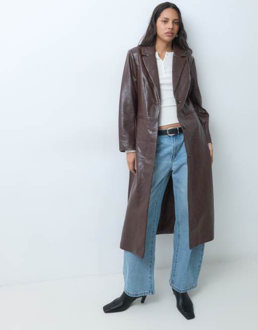 Object leather-look formal maxi trench in brown, 4 of 5