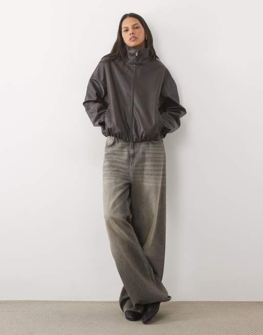 Object leather look funnel neck jacket in black, 2 of 4