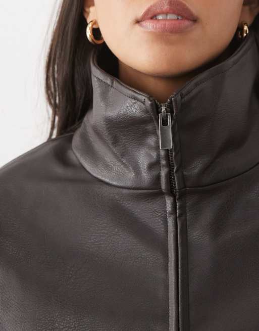 Object leather look funnel neck jacket in black, 3 of 4