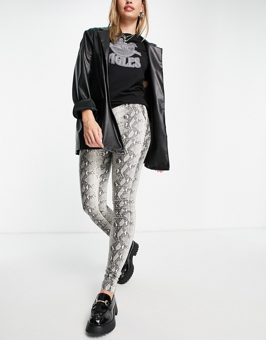 Object leather look legging in snake print-Grey