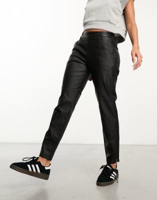 Object Leather Look Tapered Pants In Black