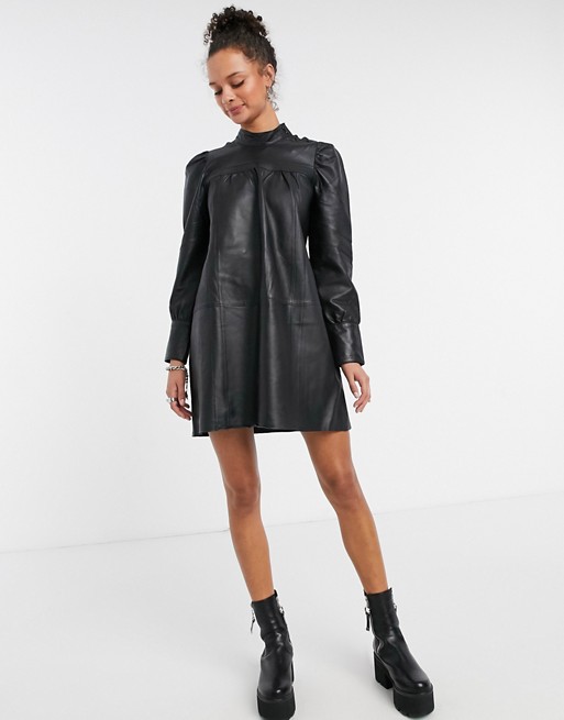 Object leather mini dress with ruched sleeves in black