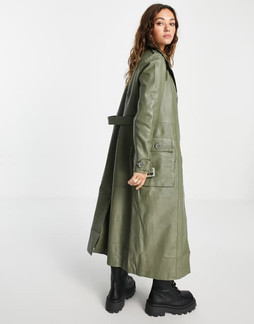 Object leather trench coat in green ASOS