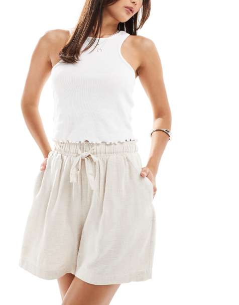 Object – Leinen-Shorts in Creme mit Taillenschnürung - view 1