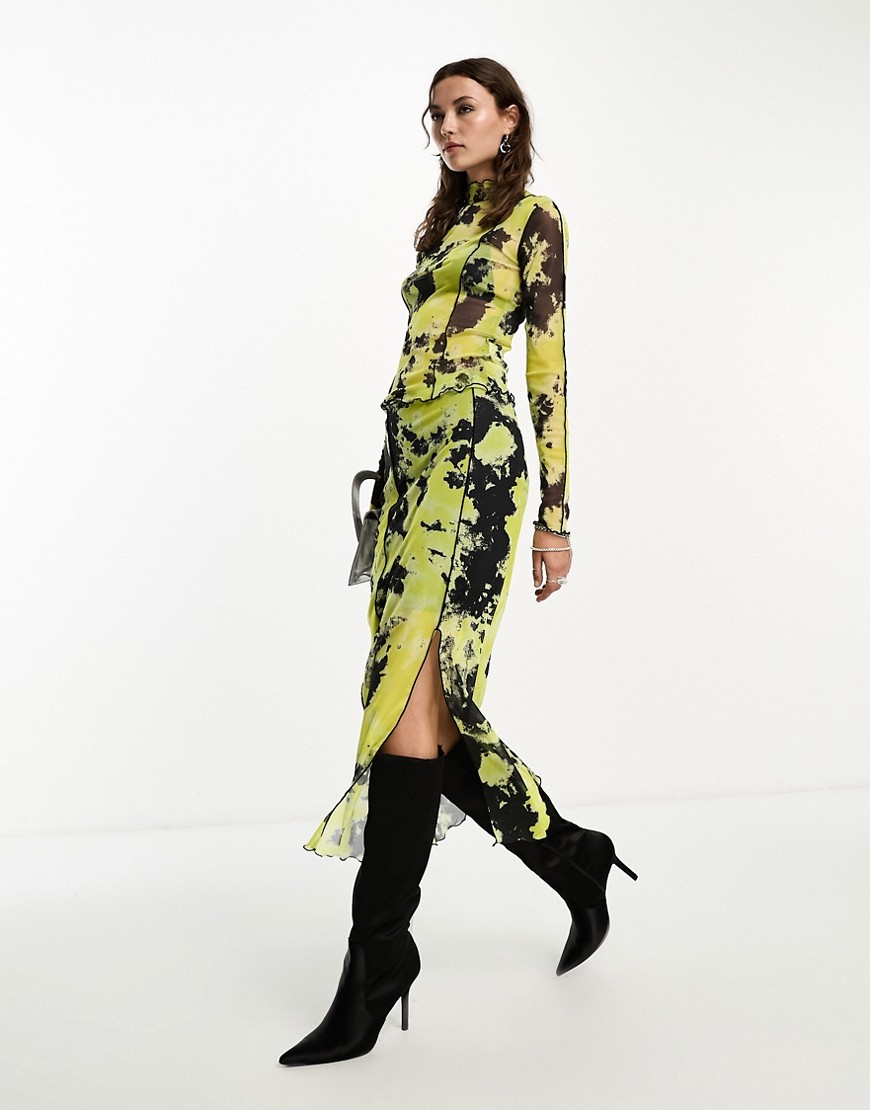 Object lettuce edge maxi skirt co-ord in mixed lime print-Black
