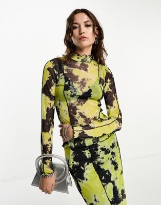 Object lettuce edge mesh top co-ord in mixed lime print