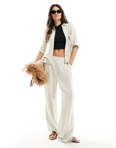 Object linen blend pants with tie waist in oatmeal - part of a set - view 1