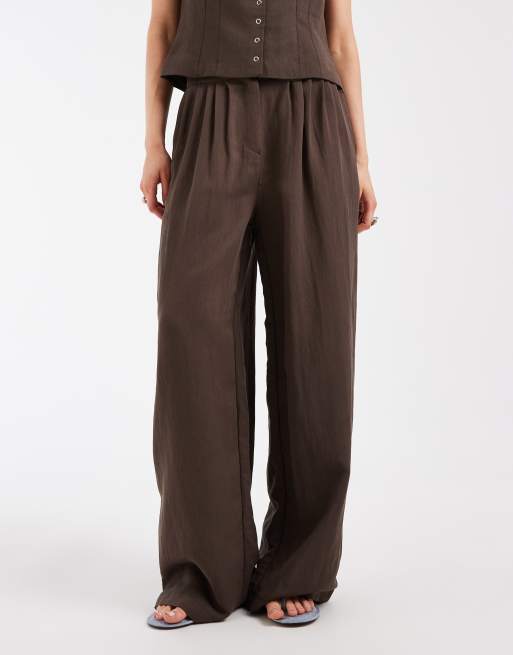 Object linen look tailored pleat front loose fit trouser co-ord in chocolate, 2 of 5