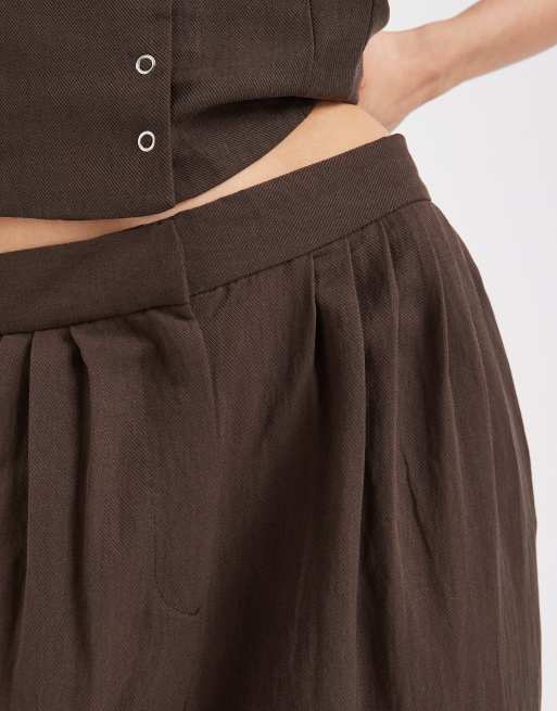 Object linen look tailored pleat front loose fit trouser co-ord in chocolate, 5 of 5
