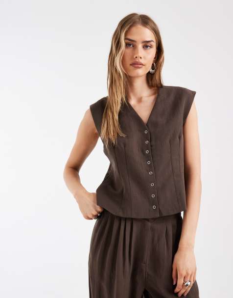 Object linen look tailored snap front vest in chocolate - part of a set - view 1