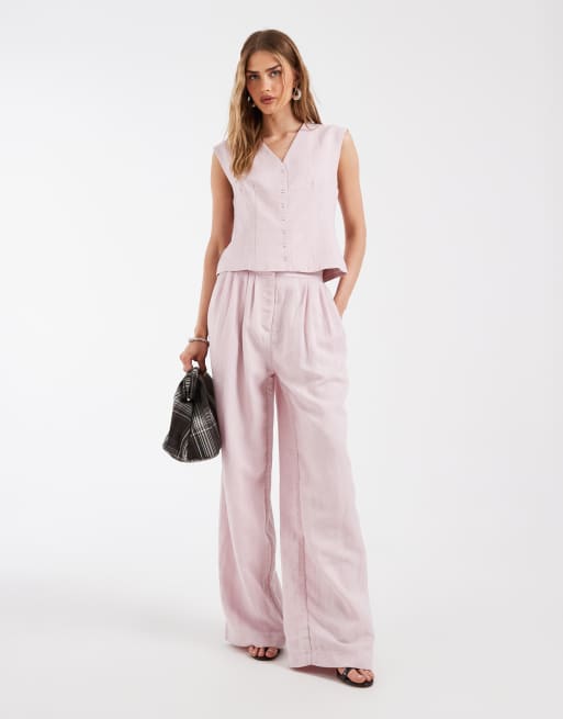 Object linen look tailored snap front vest in pale pink - part of a set, 2 of 4