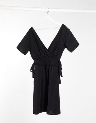 Object linen mini dress with tie sides in black