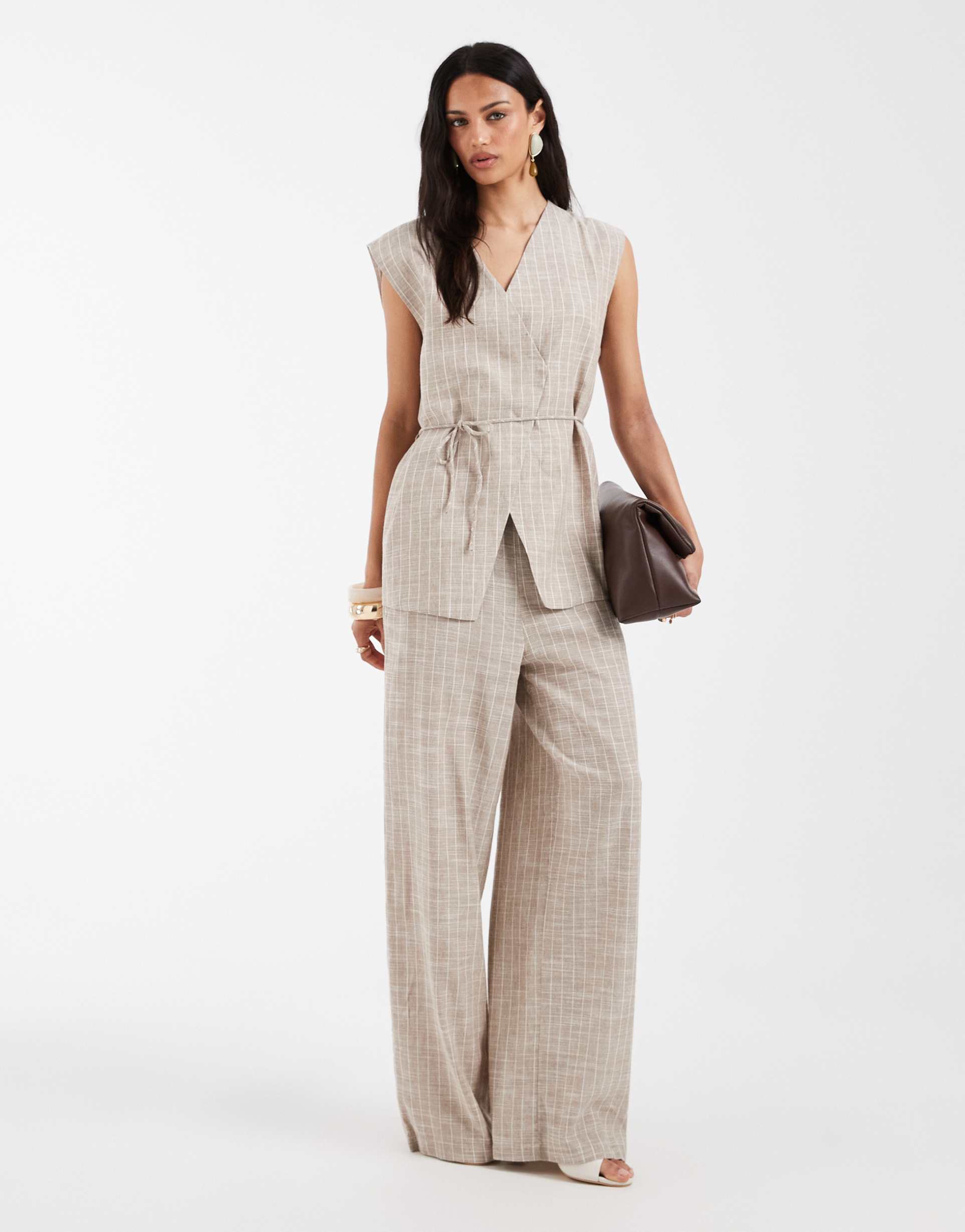 object linen mix tailored wide leg pants in cream and white stripes - part of a set