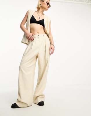 linen mix wide leg dad pants in cream - part of a set-Neutral