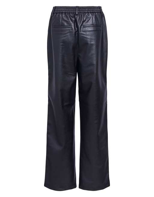 Object Liva faux leather mid waist wide leg trousers in black, 6 of 6