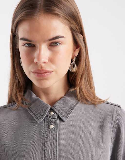 Object – Ljusgrå miniklänning i denim med knäppning, 3 av 4