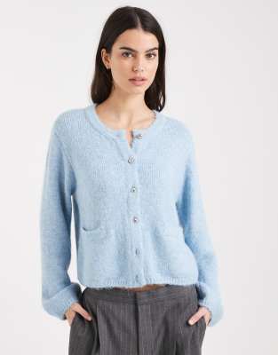 Object - Lockere Strickjacke in Aqua Haze mit Taschendetail-Blau