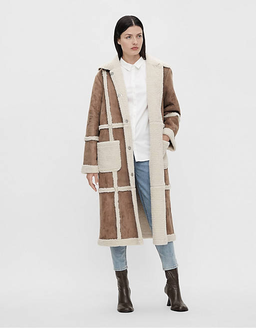 Women Object long coat with borg seam detail in beige 